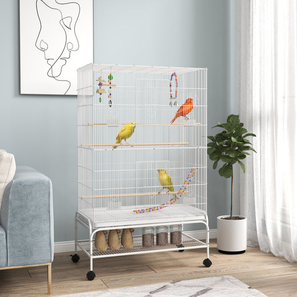 PawHut Gaiola para Pássaros com Rodas 79x49x133 cm Gaiola Metálica Grande com Suporte 4 Comedouros 3 Poleiros Brinquedos Bandeja Amovível e Prateleira para Canários Periquitos Branco
