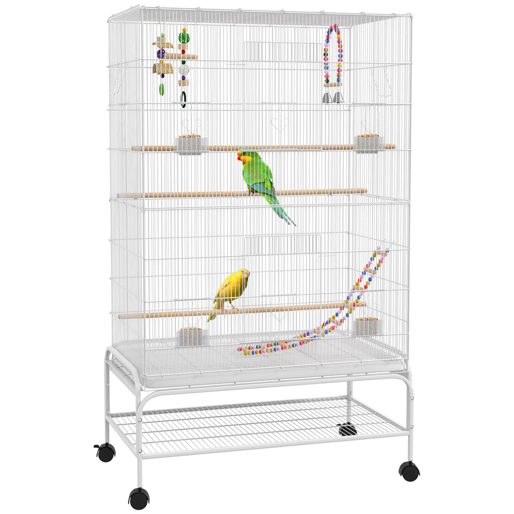 PawHut Gaiola para Pássaros com Rodas 79x49x133 cm Gaiola Metálica Grande com Suporte 4 Comedouros 3 Poleiros Brinquedos Bandeja Amovível e Prateleira para Canários Periquitos Branco