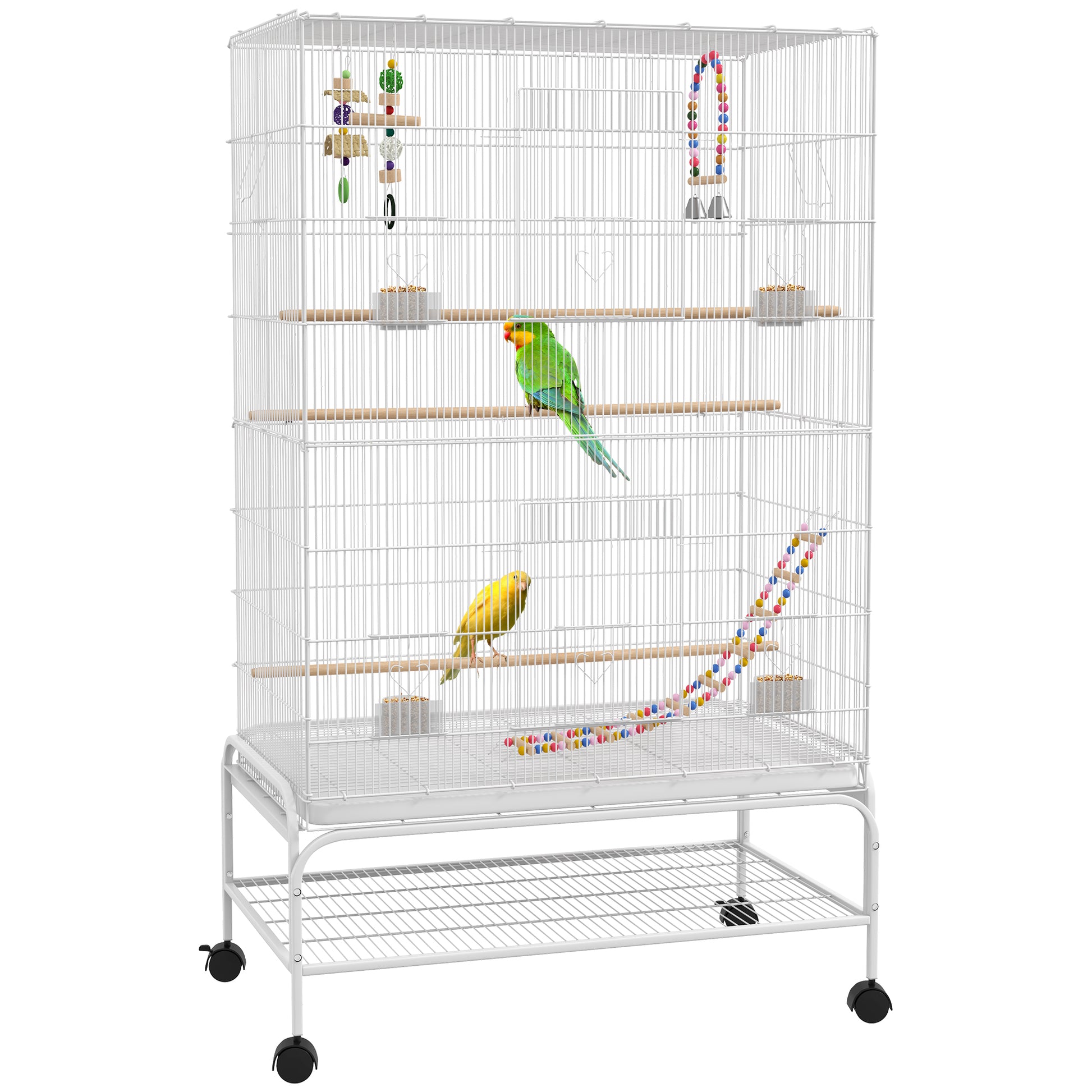 PawHut Gaiola para Pássaros com Rodas 79x49x133 cm Gaiola Metálica Grande com Suporte 4 Comedouros 3 Poleiros Brinquedos Bandeja Amovível e Prateleira para Canários Periquitos Branco