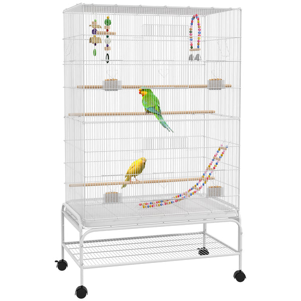 PawHut Gaiola para Pássaros com Rodas 79x49x133 cm Gaiola Metálica Grande com Suporte 4 Comedouros 3 Poleiros Brinquedos Bandeja Amovível e Prateleira para Canários Periquitos Branco