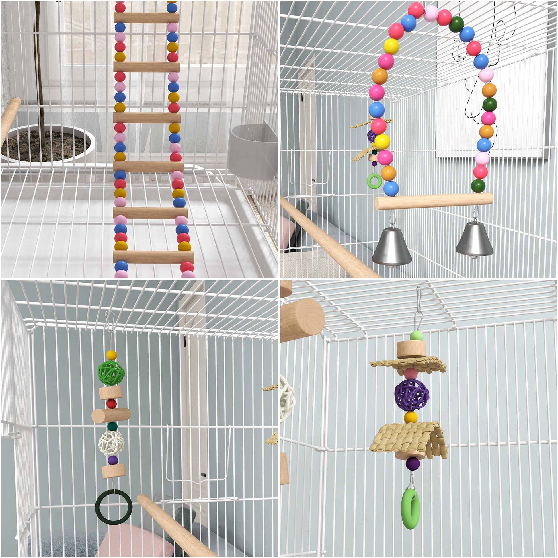 PawHut Gaiola para Pássaros com Rodas 79x49x133 cm Gaiola Metálica Grande com Suporte 4 Comedouros 3 Poleiros Brinquedos Bandeja Amovível e Prateleira para Canários Periquitos Branco