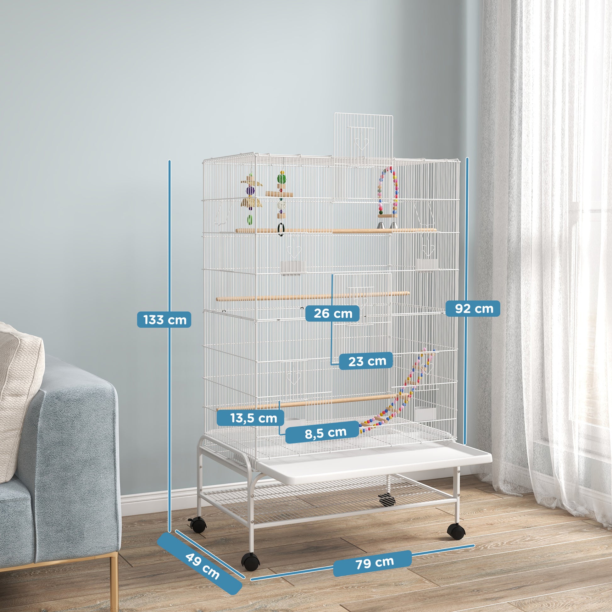 PawHut Gaiola para Pássaros com Rodas 79x49x133 cm Gaiola Metálica Grande com Suporte 4 Comedouros 3 Poleiros Brinquedos Bandeja Amovível e Prateleira para Canários Periquitos Branco