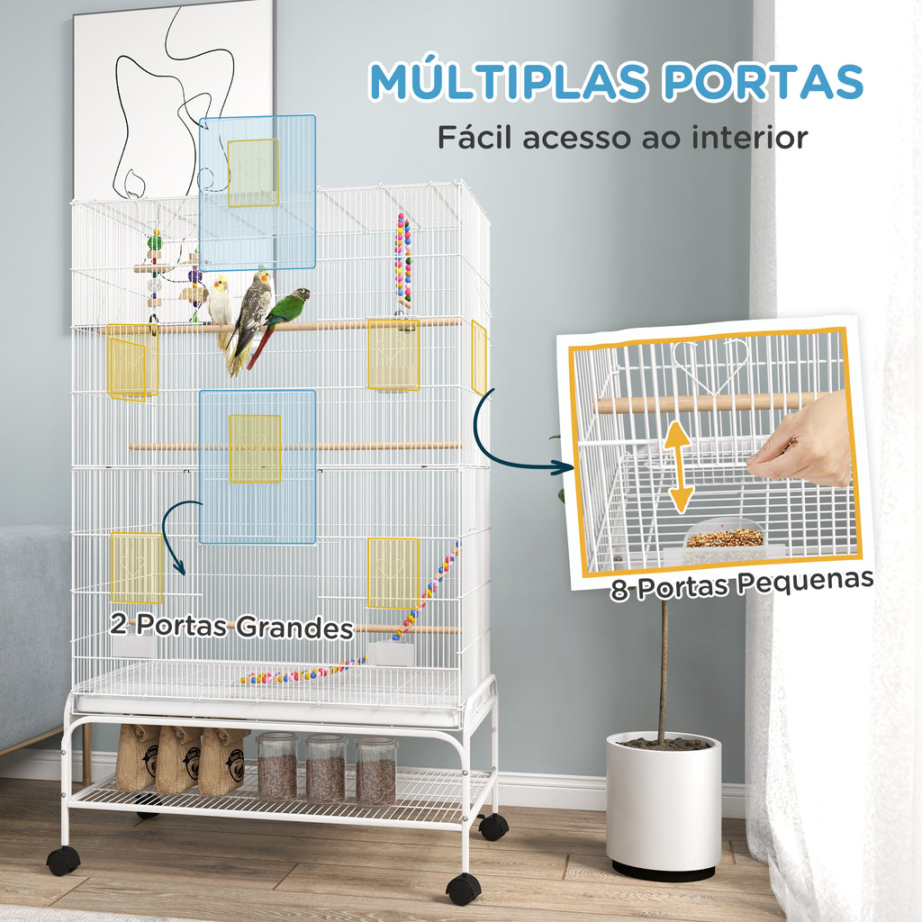PawHut Gaiola para Pássaros com Rodas 79x49x133 cm Gaiola Metálica Grande com Suporte 4 Comedouros 3 Poleiros Brinquedos Bandeja Amovível e Prateleira para Canários Periquitos Branco