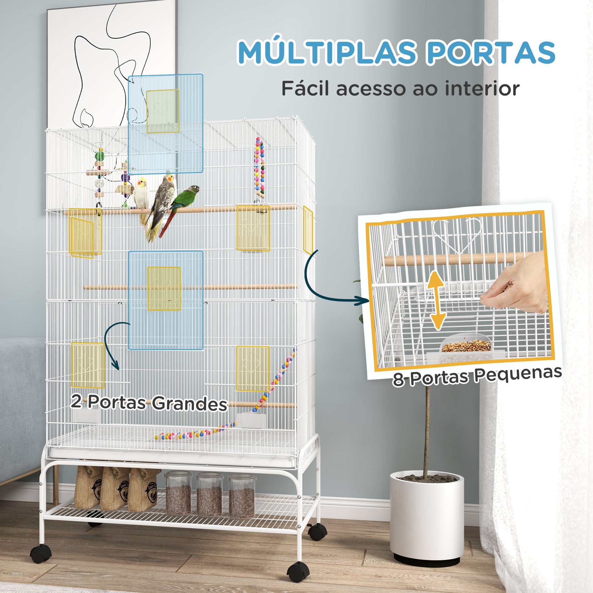 PawHut Gaiola para Pássaros com Rodas 79x49x133 cm Gaiola Metálica Grande com Suporte 4 Comedouros 3 Poleiros Brinquedos Bandeja Amovível e Prateleira para Canários Periquitos Branco