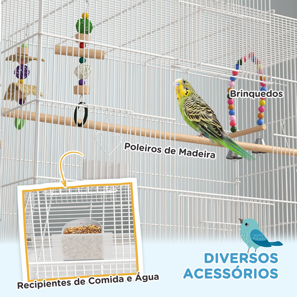 PawHut Gaiola para Pássaros com Rodas 79x49x133 cm Gaiola Metálica Grande com Suporte 4 Comedouros 3 Poleiros Brinquedos Bandeja Amovível e Prateleira para Canários Periquitos Branco