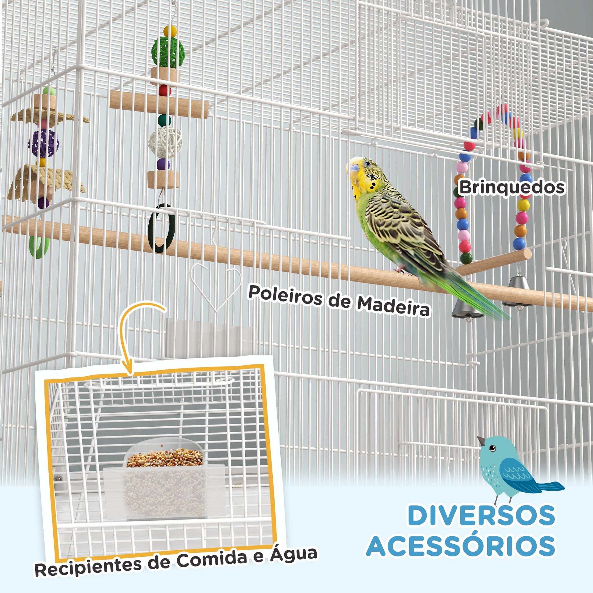 PawHut Gaiola para Pássaros com Rodas 79x49x133 cm Gaiola Metálica Grande com Suporte 4 Comedouros 3 Poleiros Brinquedos Bandeja Amovível e Prateleira para Canários Periquitos Branco