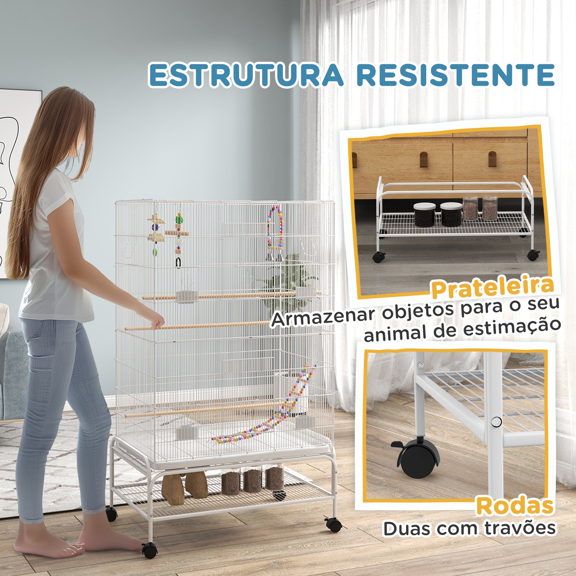PawHut Gaiola para Pássaros com Rodas 79x49x133 cm Gaiola Metálica Grande com Suporte 4 Comedouros 3 Poleiros Brinquedos Bandeja Amovível e Prateleira para Canários Periquitos Branco