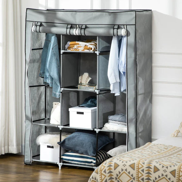 Roupeiro de Tecido Dobrável Armário Portátil com 8 Prateleiras de Armazenamento e 2 Barras de Pendurar Organizador de Roupa para Dormitório Vestidor 125x43x162,5cm Cinza Claro