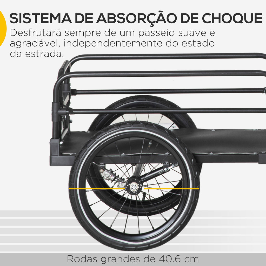 Reboque de Carga para Bicicletas Reboque para Bicicletas Desmontável com 2 Rodas Refletores Bandeira e Estrutura com Amortecimento Capacidade de 70L Carga 40 kg 125x64x53,5 cm Preto