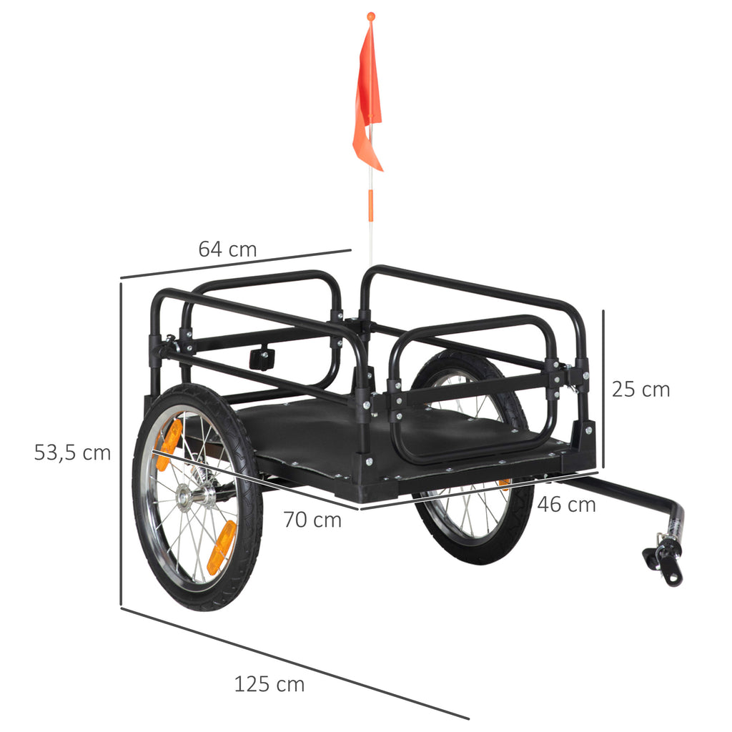 Reboque de Carga para Bicicletas Reboque para Bicicletas Desmontável com 2 Rodas Refletores Bandeira e Estrutura com Amortecimento Capacidade de 70L Carga 40 kg 125x64x53,5 cm Preto