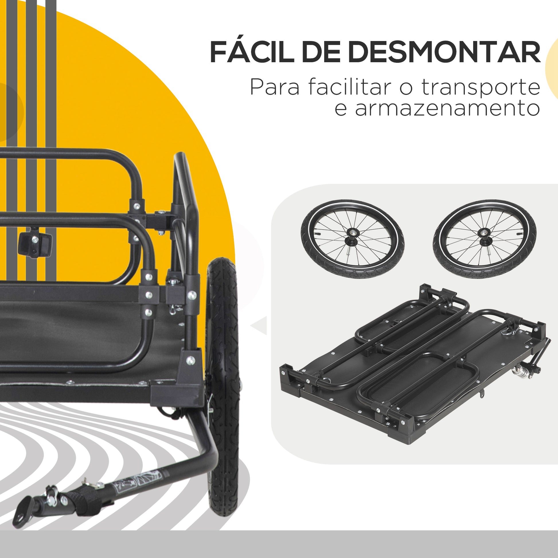 Reboque de Carga para Bicicletas Reboque para Bicicletas Desmontável com 2 Rodas Refletores Bandeira e Estrutura com Amortecimento Capacidade de 70L Carga 40 kg 125x64x53,5 cm Preto