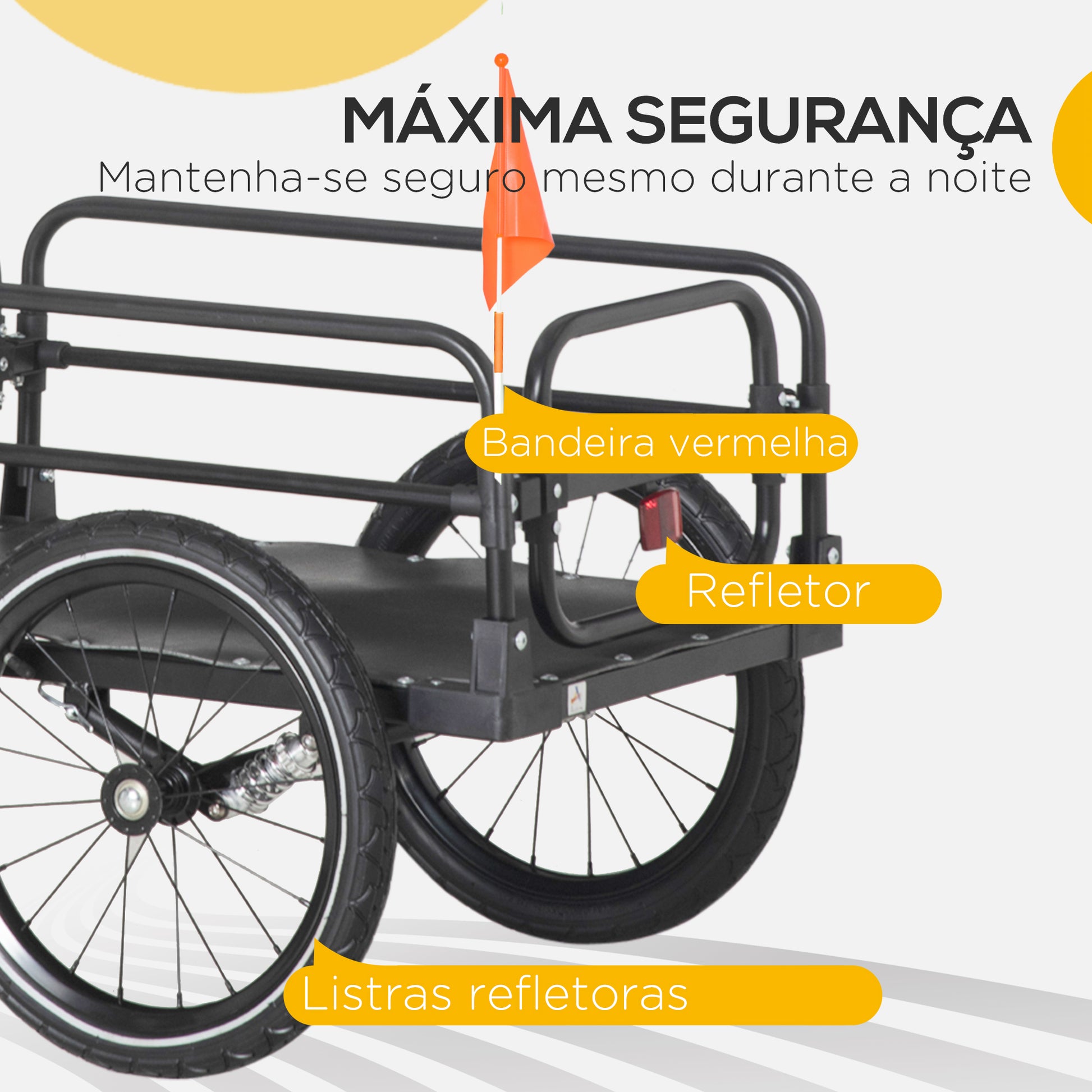 Reboque de Carga para Bicicletas Reboque para Bicicletas Desmontável com 2 Rodas Refletores Bandeira e Estrutura com Amortecimento Capacidade de 70L Carga 40 kg 125x64x53,5 cm Preto
