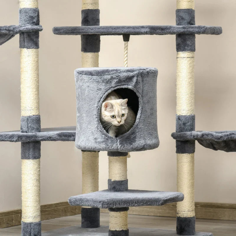 PawHut Árvore Arranhador para Gatos Grande 60x60x200cm com 2 Cavernas 2 Redes Cama Múltiplas Plataformas Postes Arranhadores de Sisal Natural e Bolas de Brinquedo Cinza