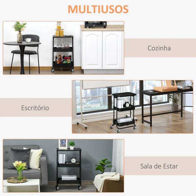 Carrinho de Cozinha com Rodas Carrinho de Armazenamento de 3 Níveis e Rodas com Freio para Sala de Estar Dormitório Escritório 46x34,5x76,5cm Preto