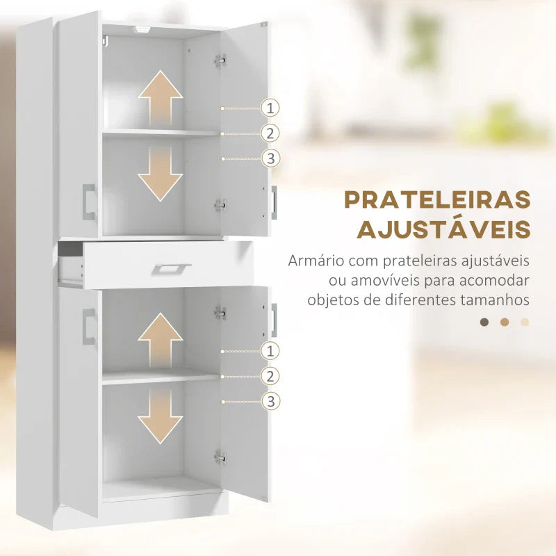 Armário de Cozinha Móvel de Cozinha com 4 Portas 1 Gaveta e Prateleiras Ajustáveis Anti-Tombo Armário de Cozinha Moderno para Sala de Jantar Sala de Estar 70,8x34x180 cm Branco