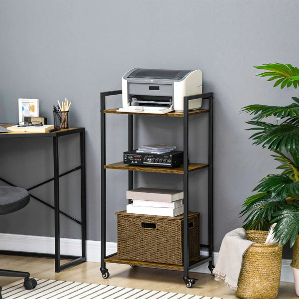 Estante Multifuncional com Rodas Estante de Armazenamento de 3 Níveis com Prateleiras Ajustáveis para Escritório Estúdio Dormitório 50x35x100,5cm Marrom Rústico