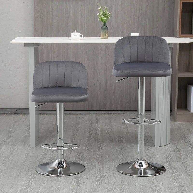 Conjunto de 2 Bancos de Bar Estofados em Pelúcia Bancos Altos de Sala de Jantar com Altura Ajustável Assento Giratório e Apoio para os Pés Carga Máxima 120kg 43x45x81-101cm Cinza