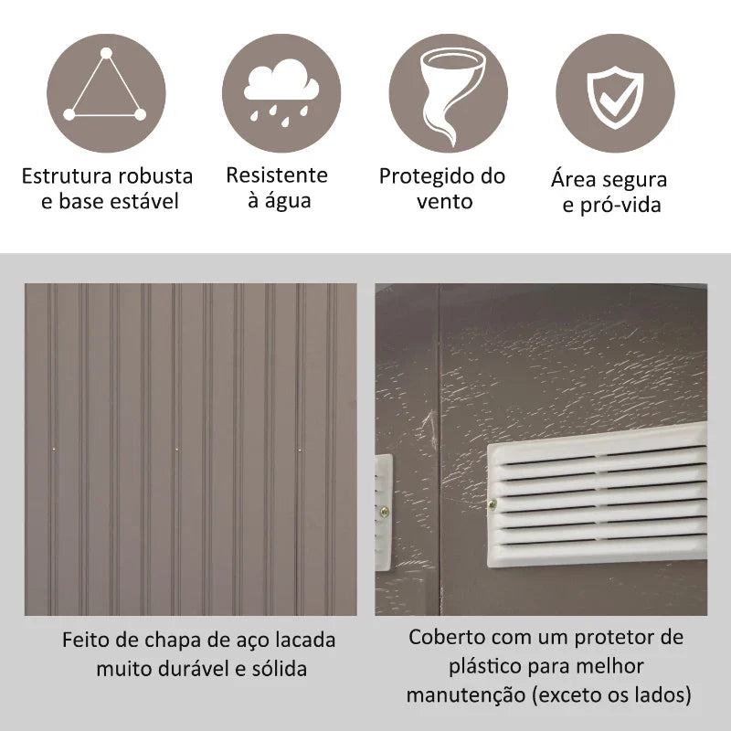 Abrigo de Jardim Exterior 4,83m² 277x195x192cm Abrigo e Jardim Metálico para Armazenamento de Ferramentas com Base de Reforço Incluída e 4 Janelas Cinza