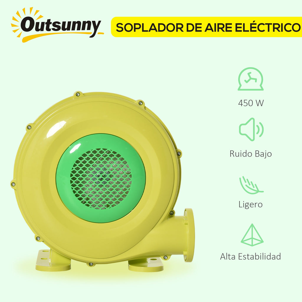 Insuflador Elétrico de 450W para Castelo Inflável Ventilador de Ar Industrial para Brinquedos Infláveis 35x26x33,5cm Amarelo e Verde