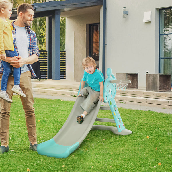 Escorrega Infantil Dobrável com Cesta de Basquetebol para Crianças acima de 18 meses Modelo Girafa para Interiores e Exteriores 140x87x75cm Azul e Cinza