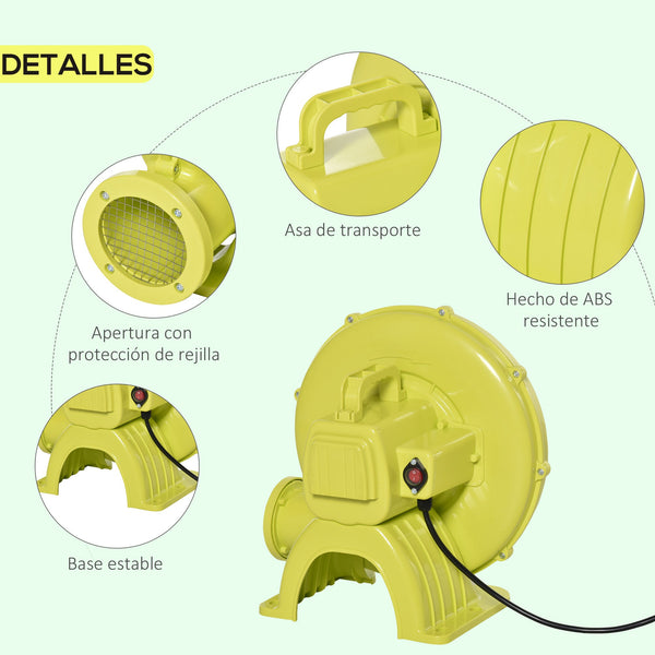 Insuflador Elétrico de 450W para Castelo Inflável Ventilador de Ar Industrial para Brinquedos Infláveis 35x26x33,5cm Amarelo e Verde