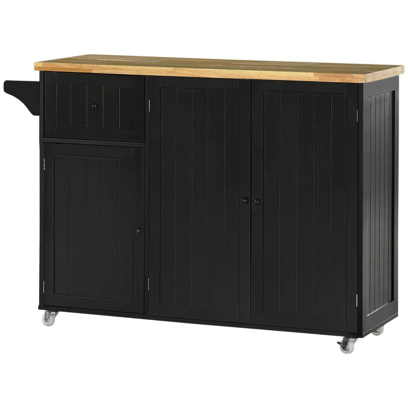 Ilha de Cozinha com Rodas Carrinho de Cozinha com Gaveta 3 Portas Prateleira Ajustável e Suporte para Panos Móvel Auxiliar de Cozinha 135x45x94,5cm Preto e Madeira