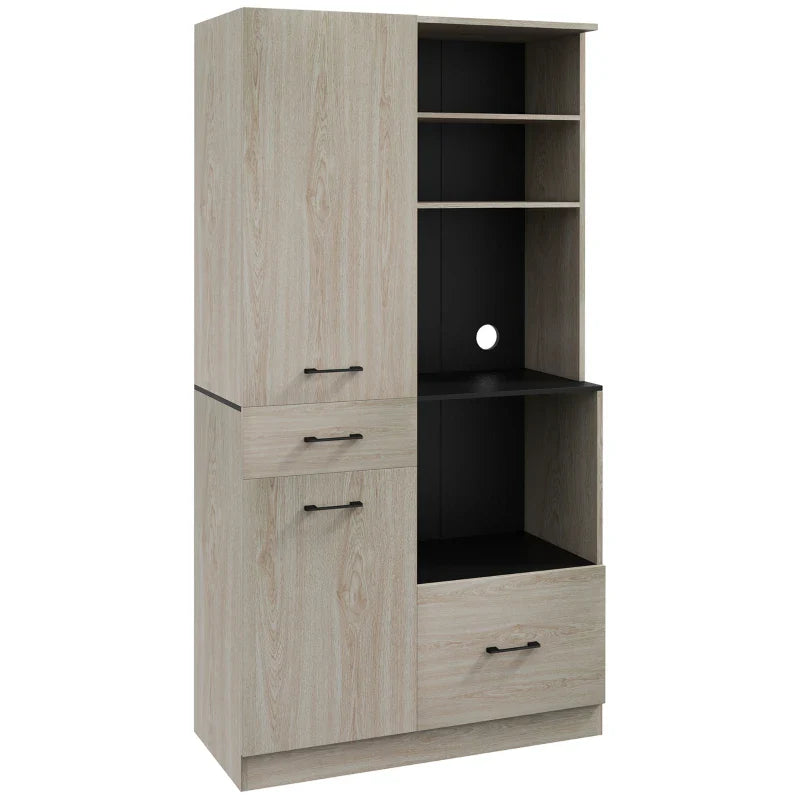 Armário de Cozinha Moderno Armário de Cozinha com 2 Gavetas 2 Armários e 4 Prateleiras Abertas Móvel Auxiliar de Cozinha 90x40x170 cm Madeira e Preto