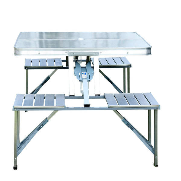 Mesa de Campismo Dobrável com 4 Assentos Orifício para Chapéu de Sol e Estrutura de Alumínio para Praia Piquenique 136x85,5x66cm Prata
