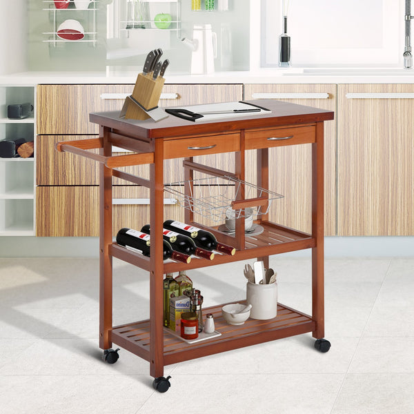 Carrinho de Cozinha Auxiliar Carrinho de Cozinha com Prateleiras Gaveta Suporte para Garrafas e 4 Rodas 85x37x85cm Nogueira