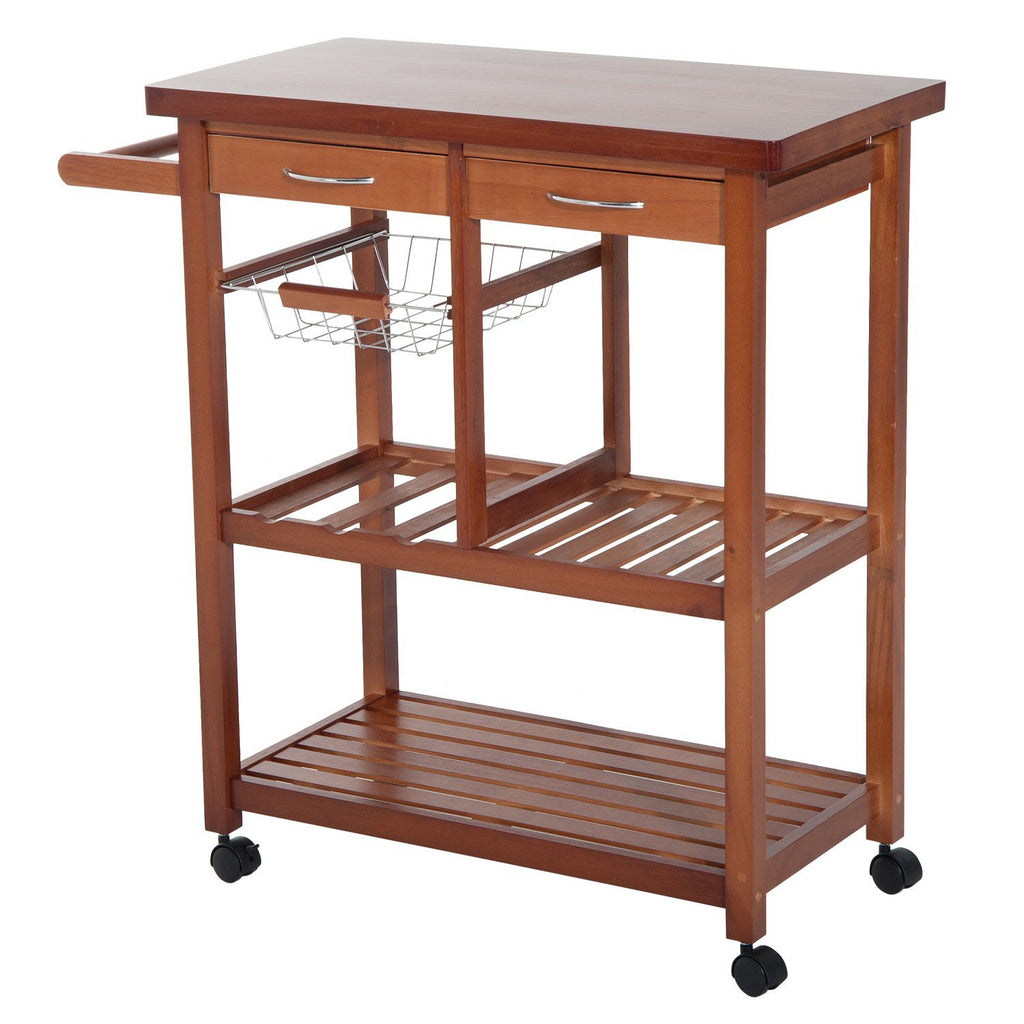 Carrinho de Cozinha Auxiliar Carrinho de Cozinha com Prateleiras Gaveta Suporte para Garrafas e 4 Rodas 85x37x85cm Nogueira