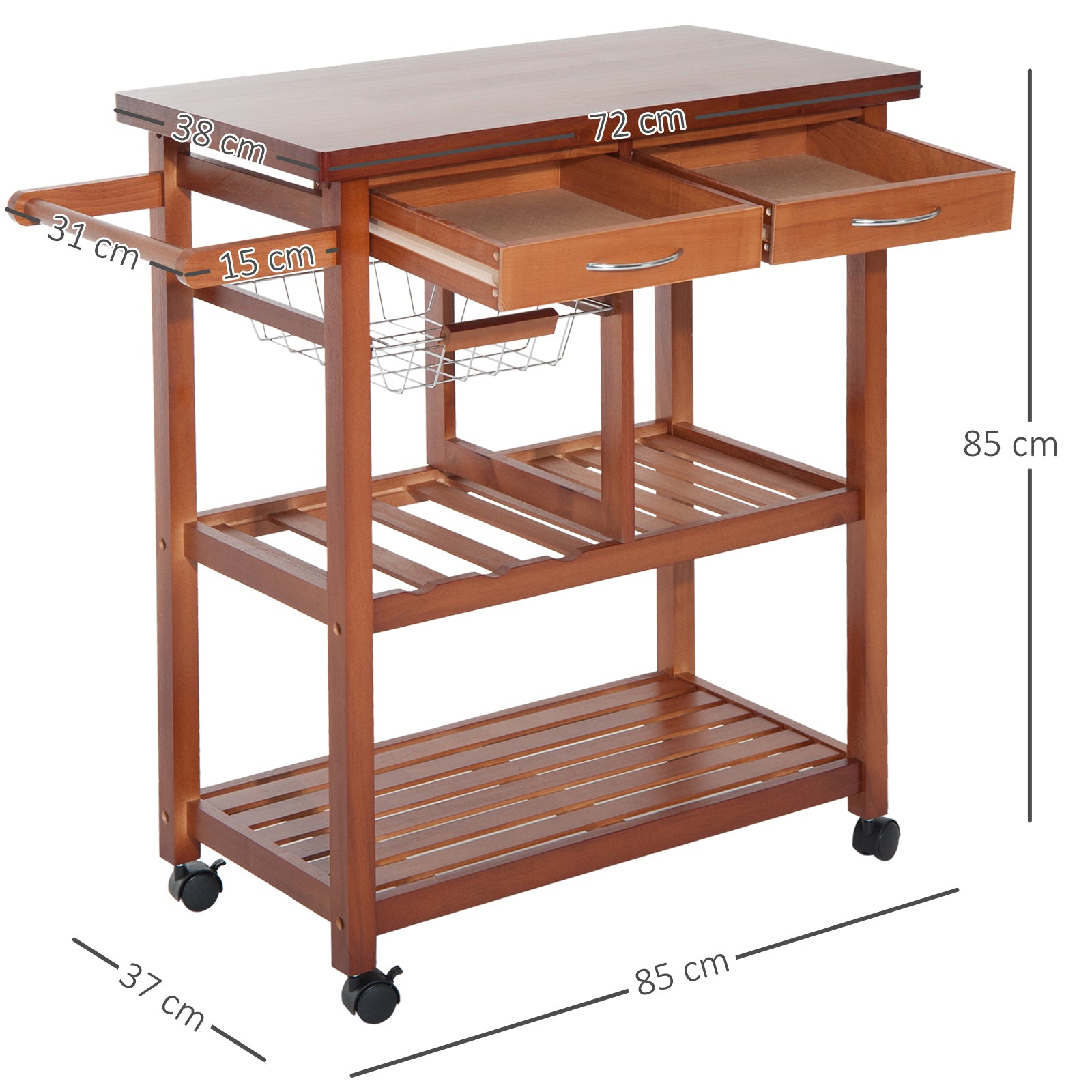 Carrinho de Cozinha Auxiliar Carrinho de Cozinha com Prateleiras Gaveta Suporte para Garrafas e 4 Rodas 85x37x85cm Nogueira