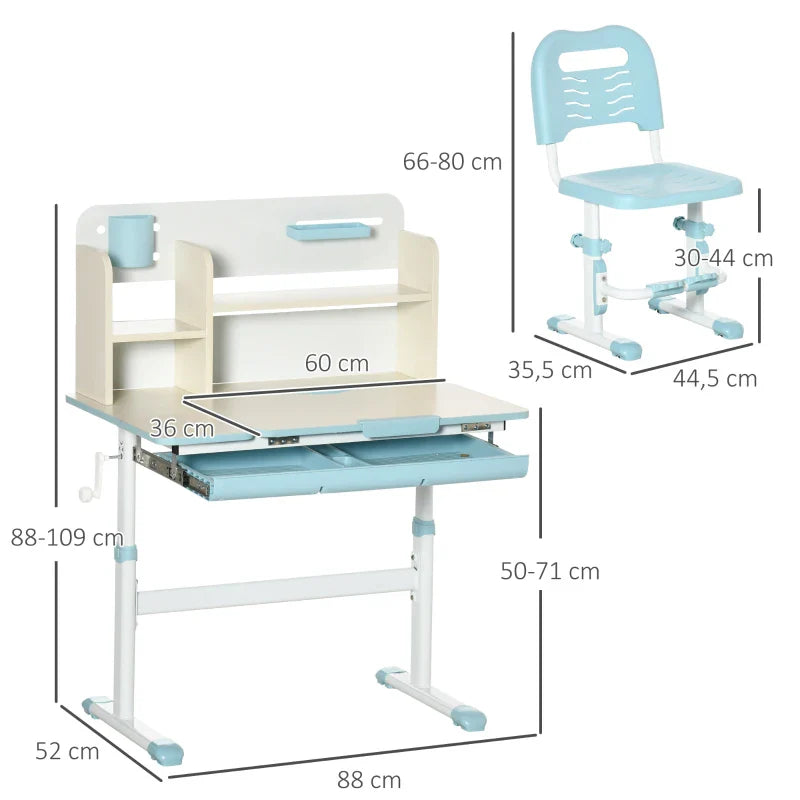 Conjunto de Secretária e Cadeira para Crianças acima de 3 Anos com Altura Ajustável Secretária Infantil com Bancada Inclinável Gaveta e Prateleira para Livros 80x52x88x109cm e 35,5x44,5x66-80cm Azul