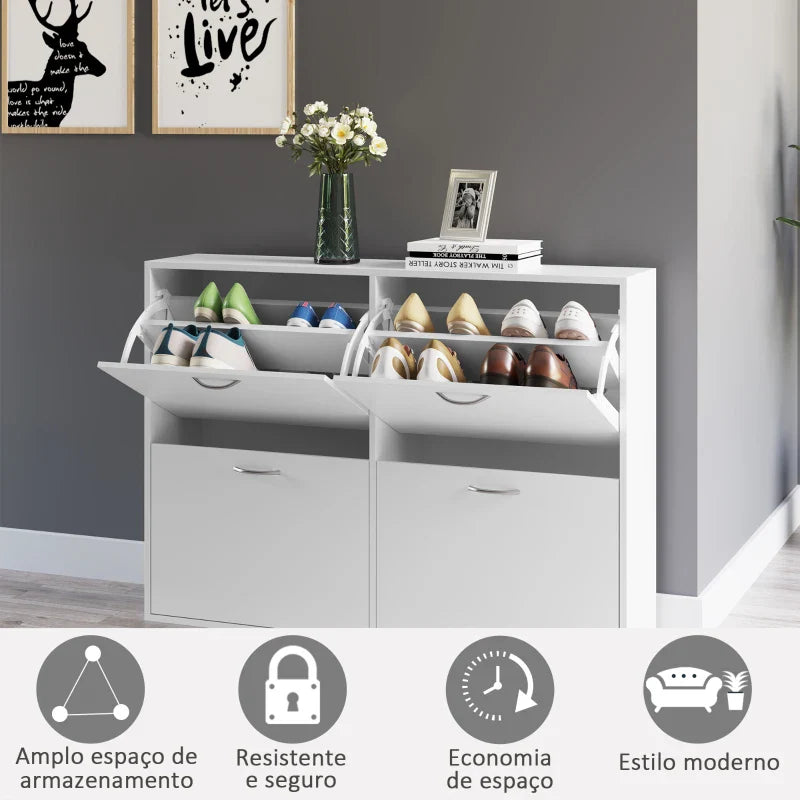 Móvel Sapateira Branca Sapateira Moderna com 4 Gavetas Abatíveis e Prateleiras Ajustáveis para 16-24 Pares de Sapatos para Corredor Entrada 120x24x81 cm Branco