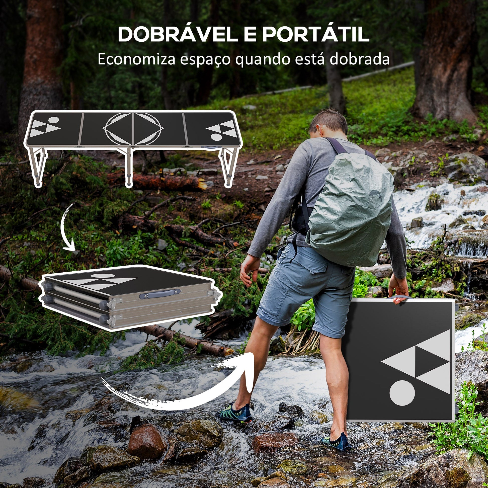 Mesa de Exterior Portátil Mesa de Piquenique Dobrável com Altura Ajustável em 3 Níveis e Pés de Alumínio para Jardim Campismo 240x60x54-70 cm Preto e Prata