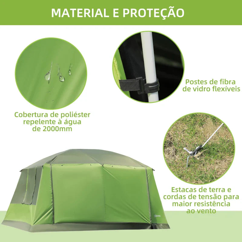Tenda de Campismo Familiar para 4 Pessoas Tenda de Campismo Portátil Impermeável com Bolsa de Transporte Rede Mosquiteira e Proteção Solar 410x-310x225cm Verde