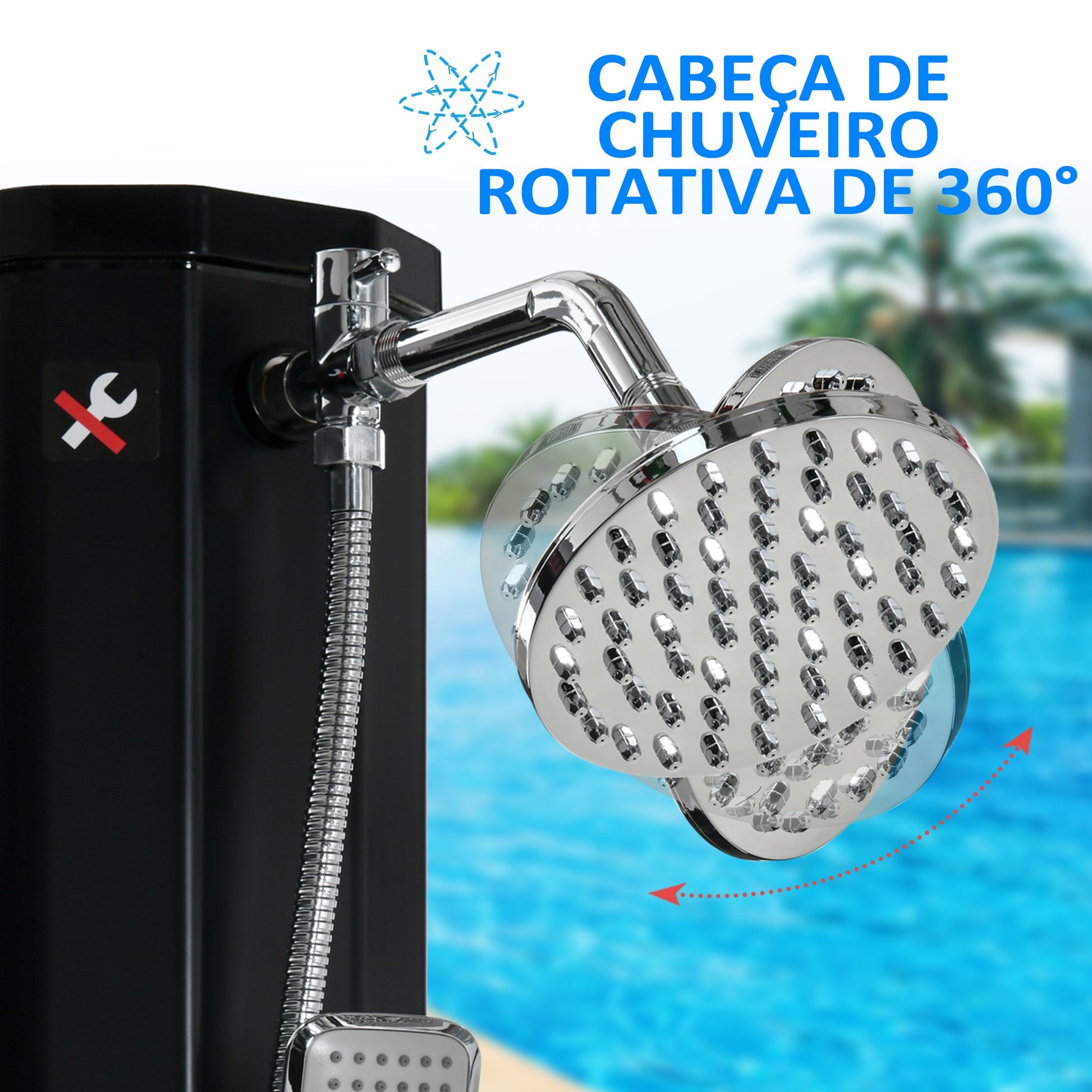 Duche Solar Exterior 35 L Duche de Jardim com 2 Cabeças de Chuveiro Torneira e Água Quente 0-55℃ para Piscina Pátio Praia 17,5x14,5x216 cm Preto