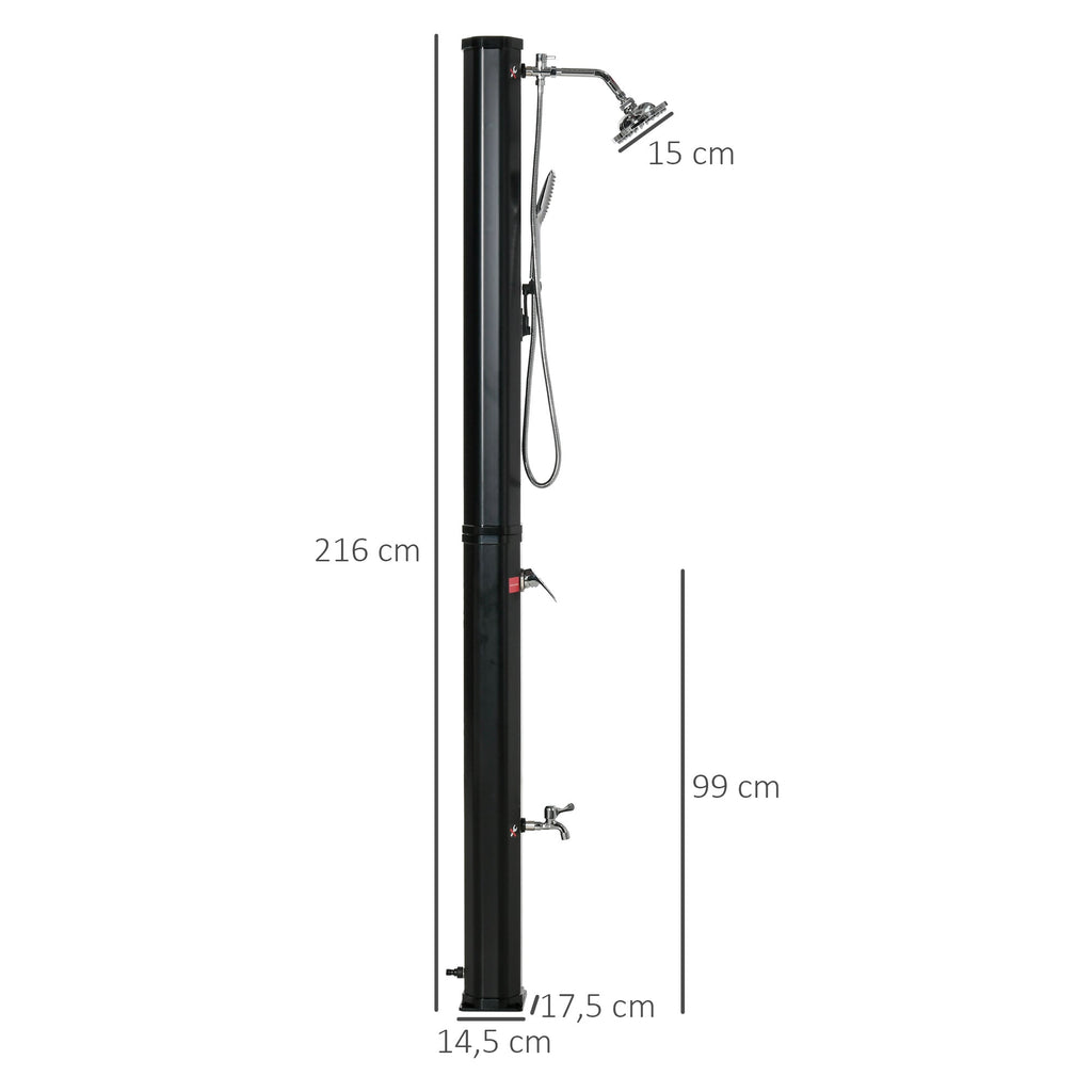 Duche Solar Exterior 35 L Duche de Jardim com 2 Cabeças de Chuveiro Torneira e Água Quente 0-55℃ para Piscina Pátio Praia 17,5x14,5x216 cm Preto