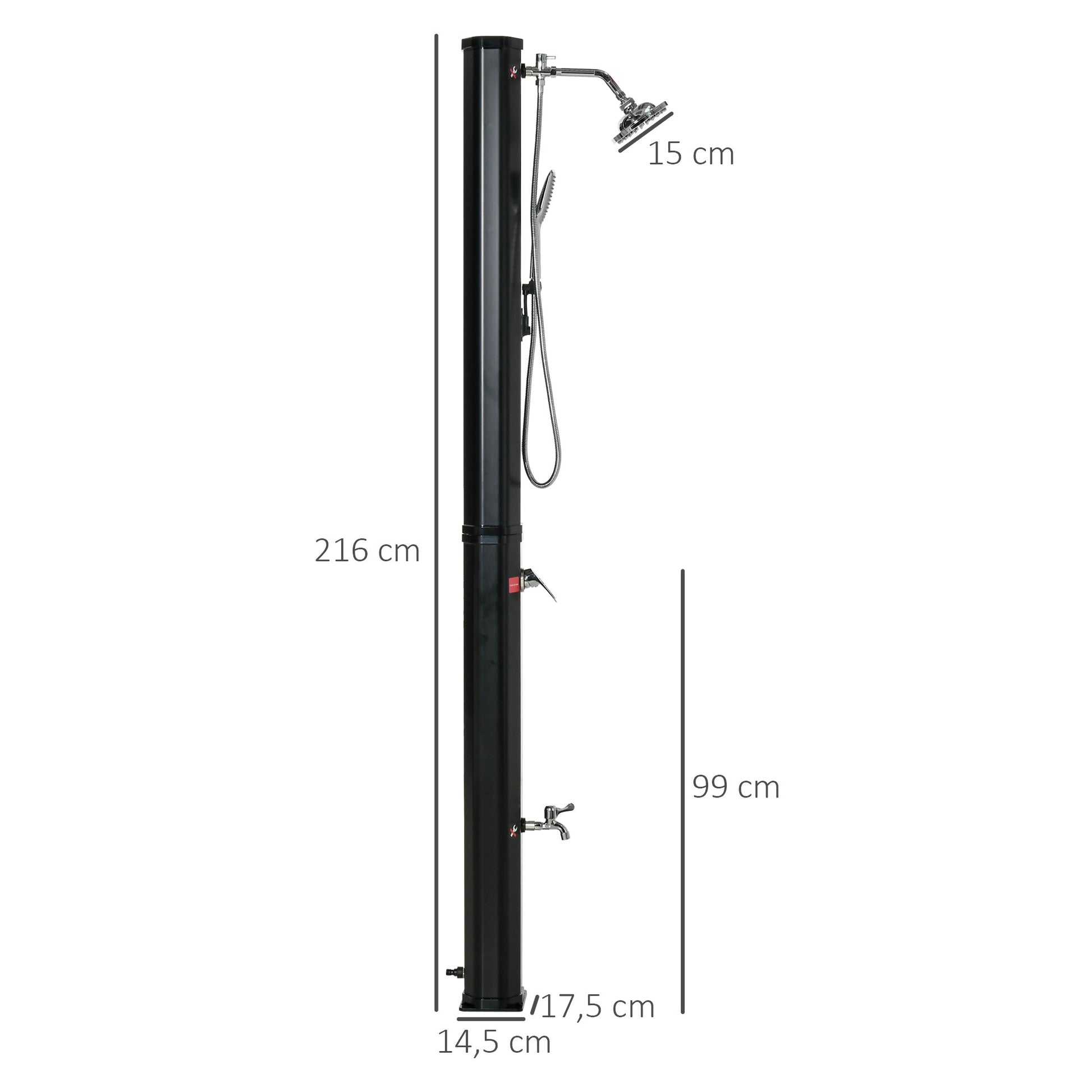 Duche Solar Exterior 35 L Duche de Jardim com 2 Cabeças de Chuveiro Torneira e Água Quente 0-55℃ para Piscina Pátio Praia 17,5x14,5x216 cm Preto