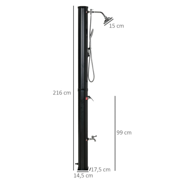 Duche Solar Exterior 35 L Duche de Jardim com 2 Cabeças de Chuveiro Torneira e Água Quente 0-55℃ para Piscina Pátio Praia 17,5x14,5x216 cm Preto
