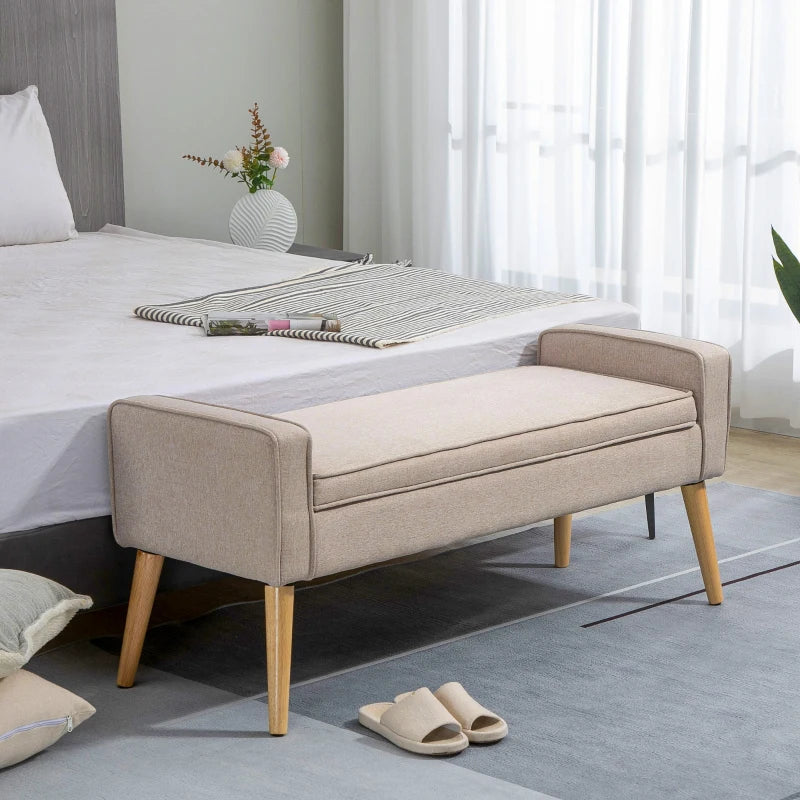 Banco de Armazenamento Baú de Armazenamento Estofado em Linho com Tampa Abatível e Pés de Madeira para Dormitório Sala de Estar Entrada Carga 120kg 120x45x54cm Bege