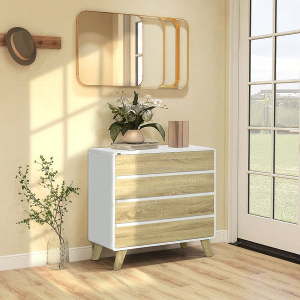 Cómoda com 4 Gavetas de Madeira Cómoda com Pés Elevados para Sala de Estar Dormitório Escritório 80x40x79,5cm Carvalho e Branco