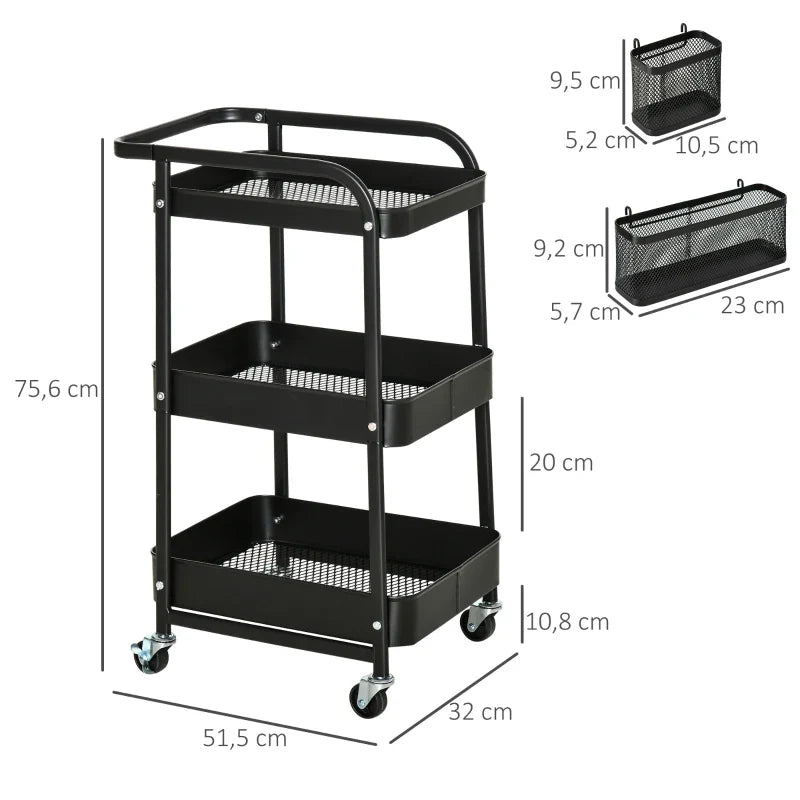 Carrinho de Cozinha com Rodas Carrinho de Armazenamento de 3 Níveis com 4 Ganchos 2 Cestas Alça de Transporte e Rodas com Freio para Casa de Banho Escritório Dormitório 51,5x32x75,6cm Preto