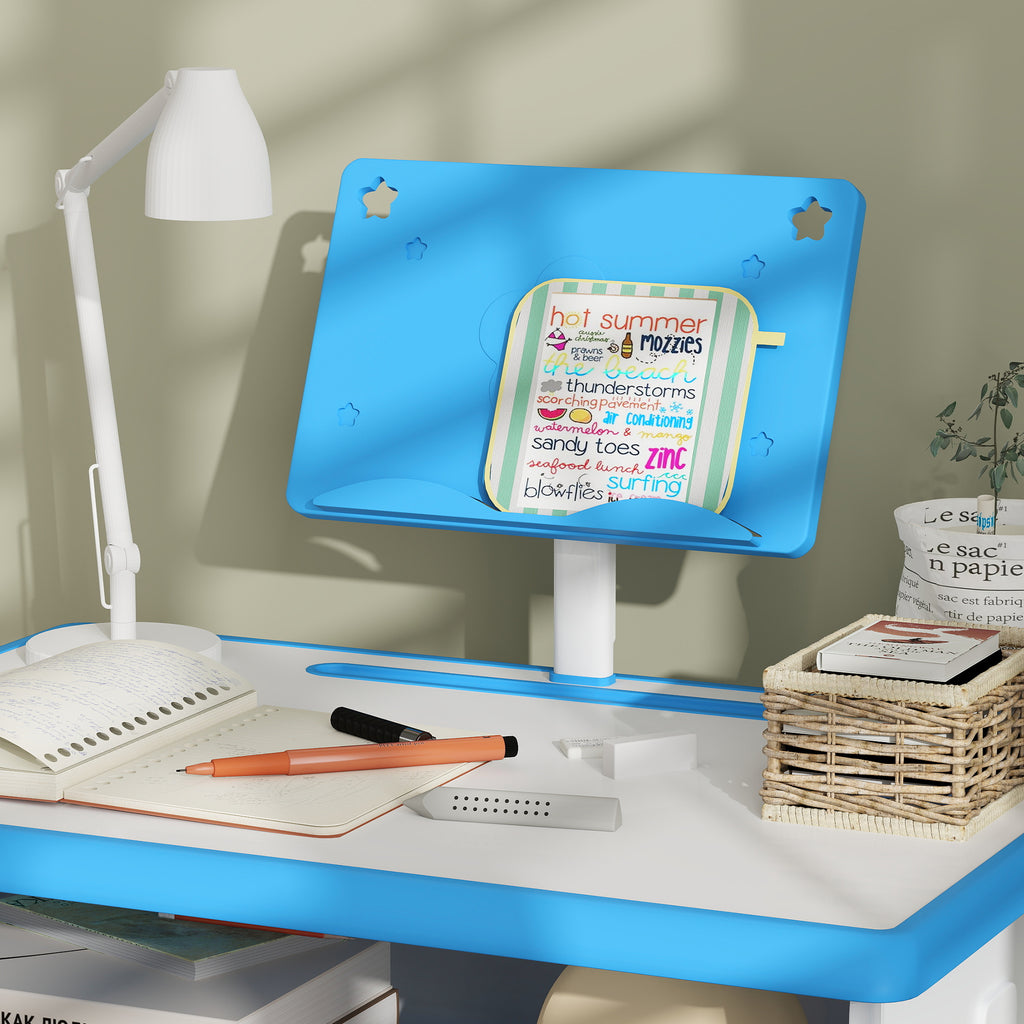Conjunto de Secretária e Cadeira para Crianças de 6-12 Anos Secretária Infantil com Altura Ajustável 1 Gaveta 1 Suporte para Lápis e 1 Prateleira para Livros 60x45x90-120 cm Azul