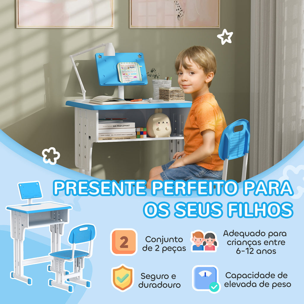 Conjunto de Secretária e Cadeira para Crianças de 6-12 Anos Secretária Infantil com Altura Ajustável 1 Gaveta 1 Suporte para Lápis e 1 Prateleira para Livros 60x45x90-120 cm Azul