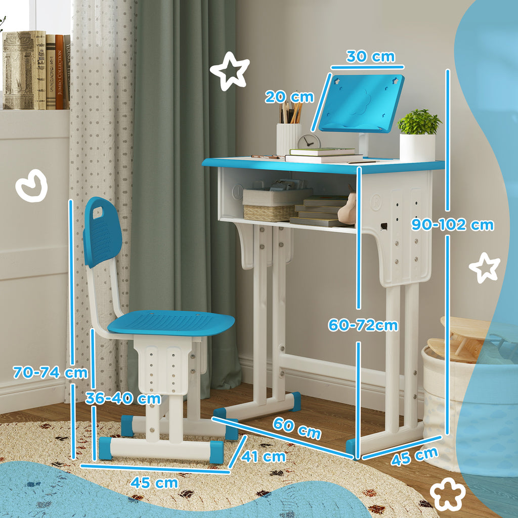 Conjunto de Secretária e Cadeira para Crianças de 6-12 Anos Secretária Infantil com Altura Ajustável 1 Gaveta 1 Suporte para Lápis e 1 Prateleira para Livros 60x45x90-120 cm Azul