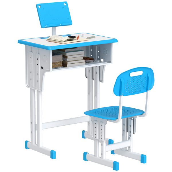 Conjunto de Secretária e Cadeira para Crianças de 6-12 Anos Secretária Infantil com Altura Ajustável 1 Gaveta 1 Suporte para Lápis e 1 Prateleira para Livros 60x45x90-120 cm Azul