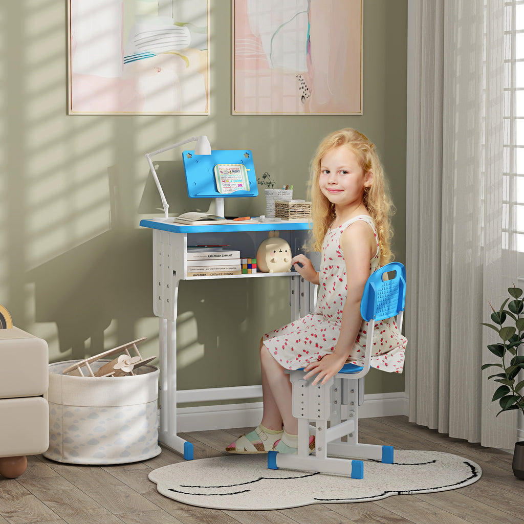 Conjunto de Secretária e Cadeira para Crianças de 6-12 Anos Secretária Infantil com Altura Ajustável 1 Gaveta 1 Suporte para Lápis e 1 Prateleira para Livros 60x45x90-120 cm Azul
