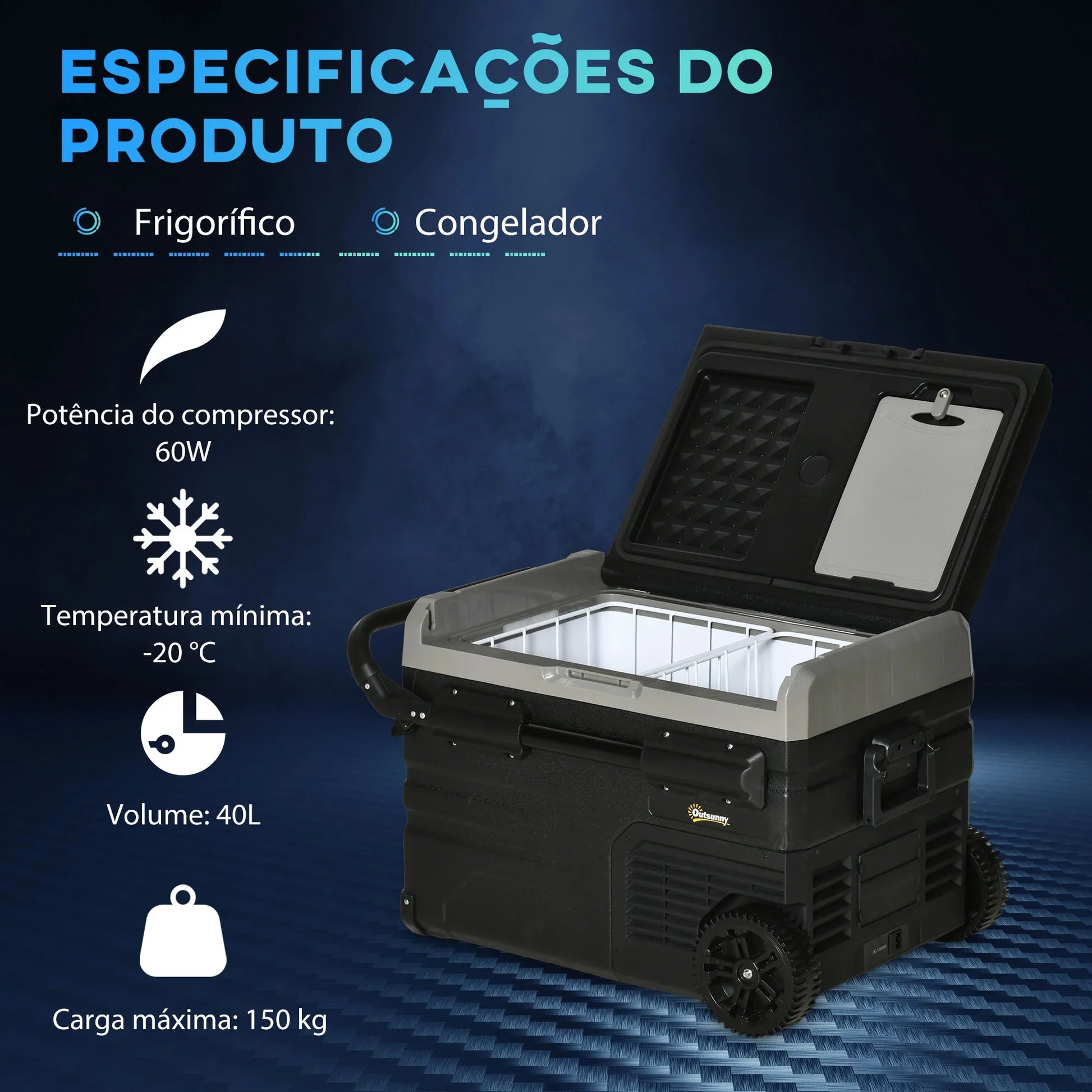Geleira Elétrica Portátil 40L com Compressor - CC 12V/24V, até -20°C, LED Tátil e Rodas - 71,1x46x44 cm - Preto