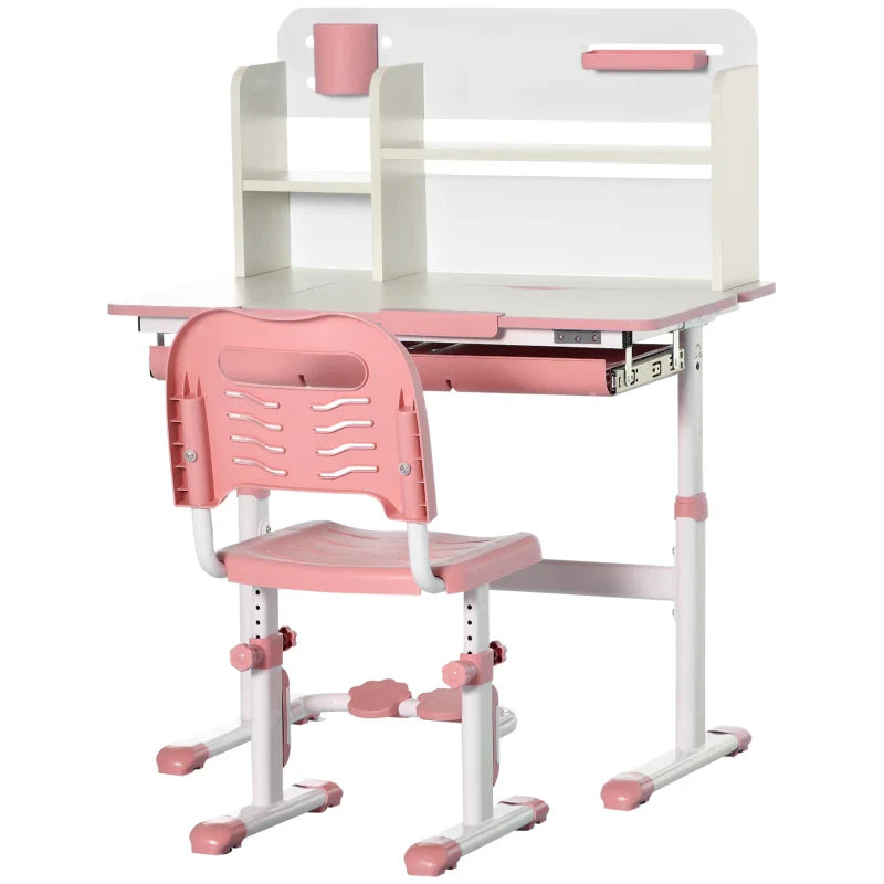 Conjunto de Secretária e Cadeira para Crianças acima de 3 Anos com Altura Ajustável Secretária Infantil com Bancada Inclinável Gaveta e Prateleira para Livros 80x52x88x109cm e 35,5x44,5x66-80cm Rosa