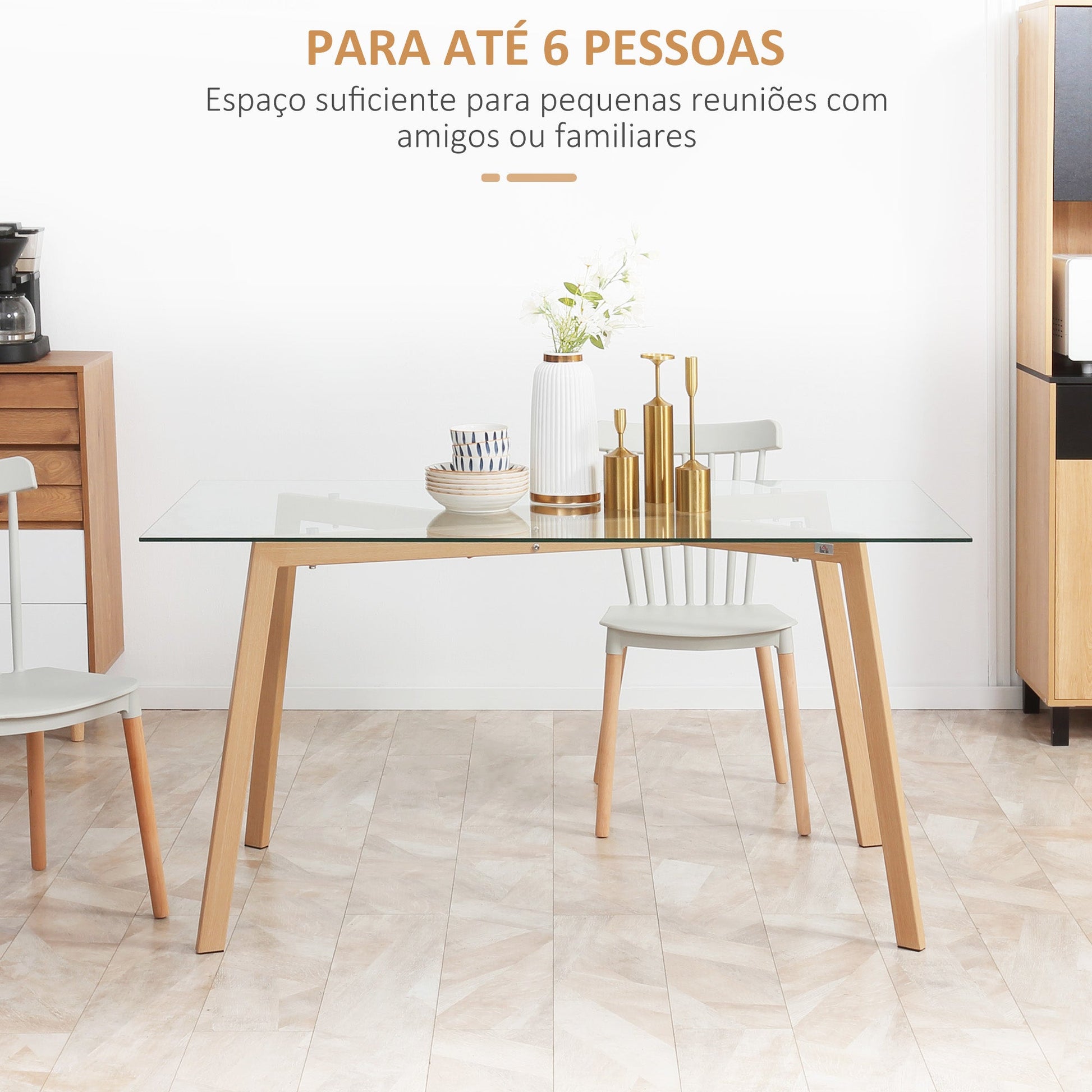 Mesa de Jantar para 6 Pessoas Mesa de Cozinha Moderna com Bancada de Vidro Temperado e Pés de Aço com Efeito de Madeira para Sala de Jantar 150x75x76 cm Transparente e Madeira